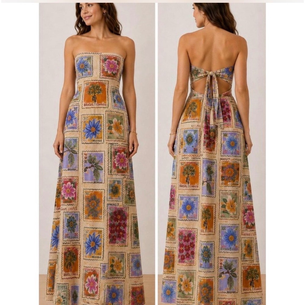 Paper Heart Floral Patchwork Strapless Maxi Dress Large Boho Resort Tie Back
